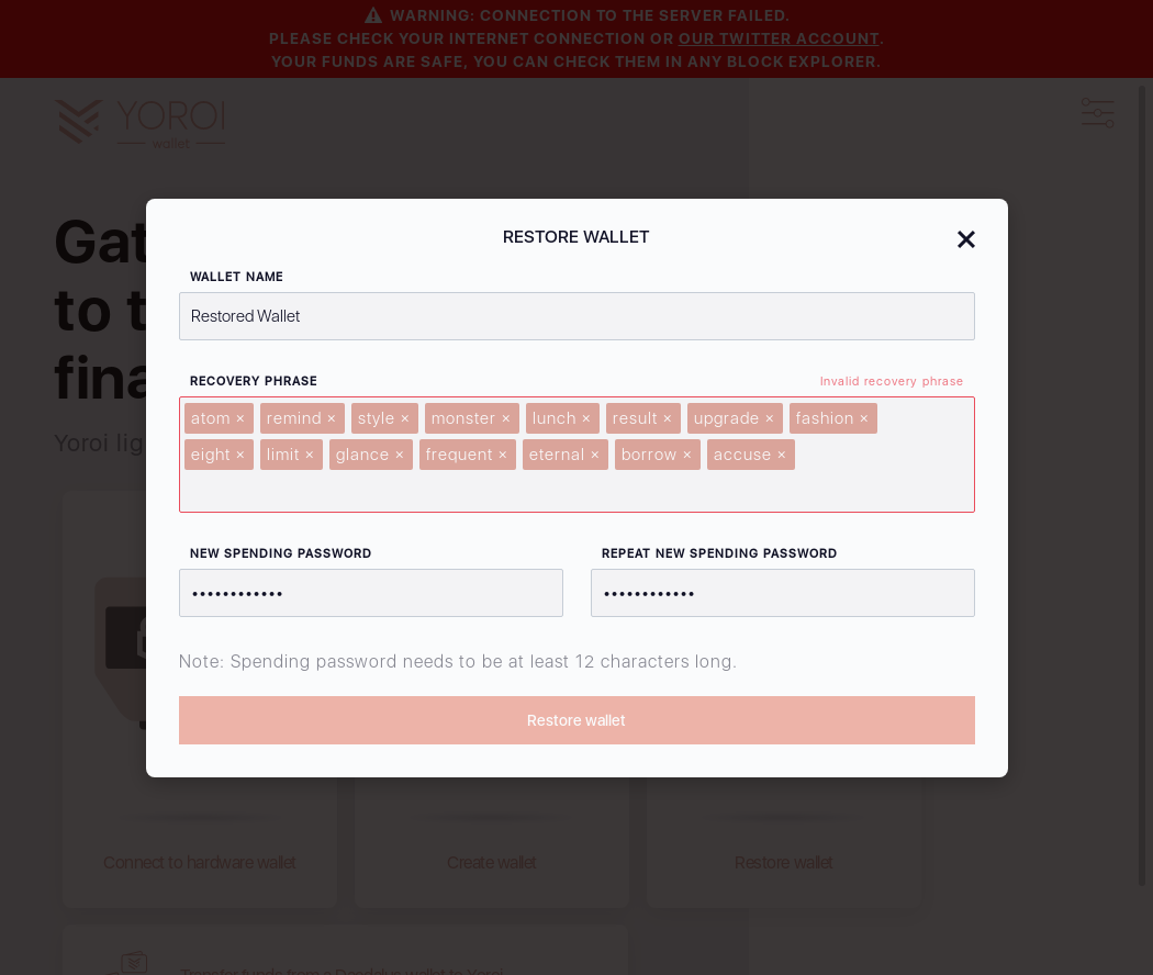 Wallet restoration Recovery Phrase test IT70/7_132-I click the Restore Wallet button.png