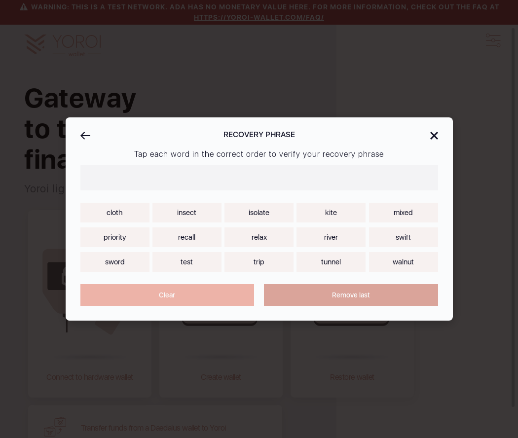 Mnemonic words can be cleared by clicking Clear button on wallet creation screen IT18/10_35-I see All selected words are cleared.png