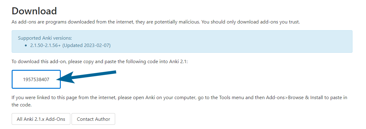 A blue arrow pointing to AnkiCollab's addon code on the Anki Addon page.