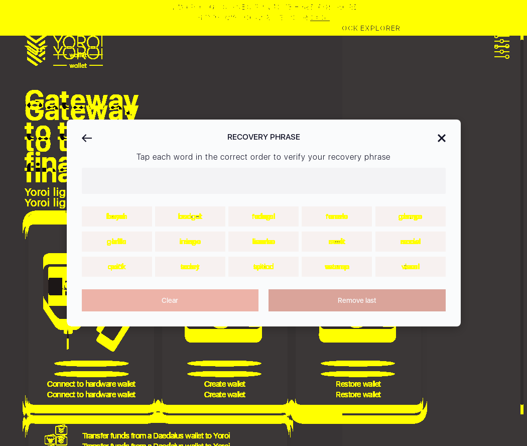 Mnemonic words can be cleared by clicking Clear button on wallet creation screen IT18/10_35-I see All selected words are cleared.png