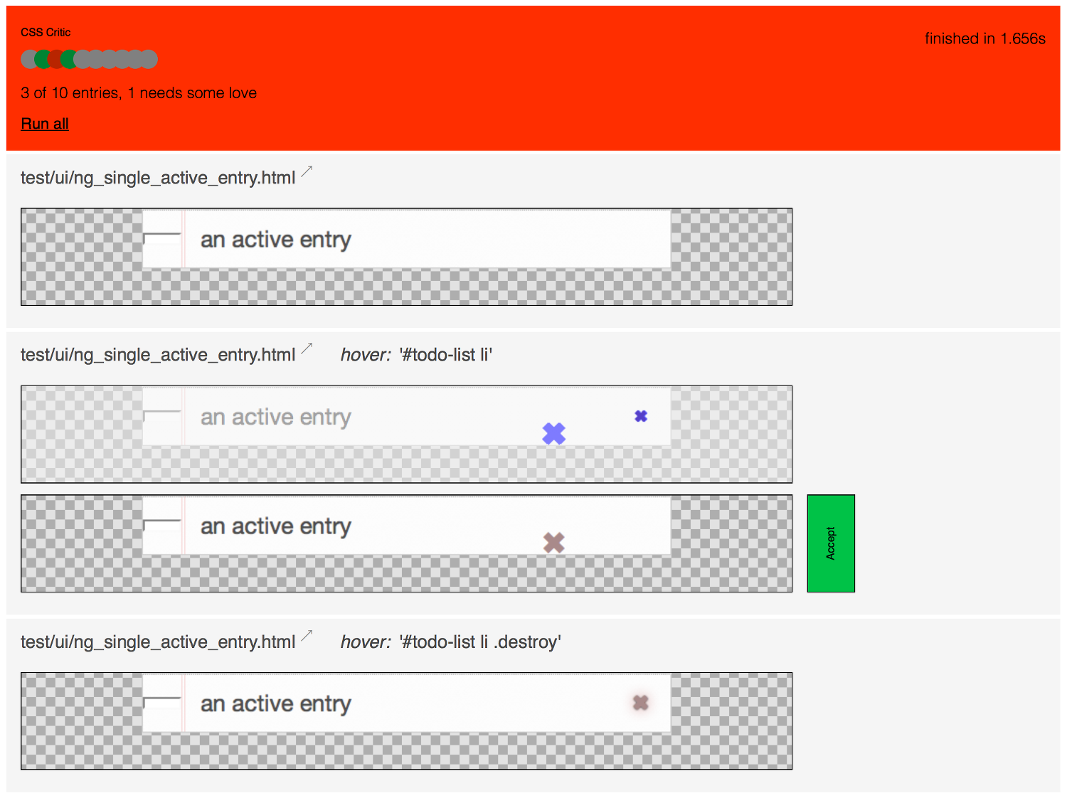 CSS Critic testing the TodoMVC app