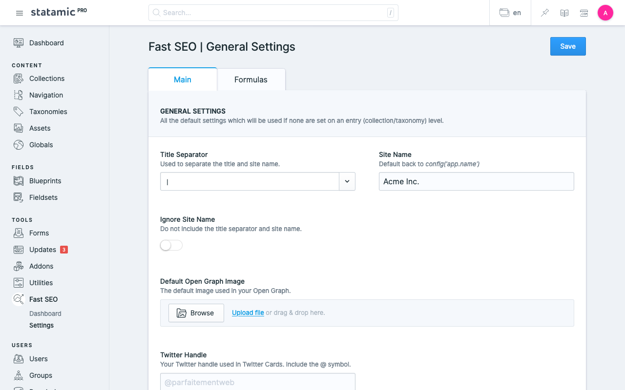 Statamic fast SEO General Settings