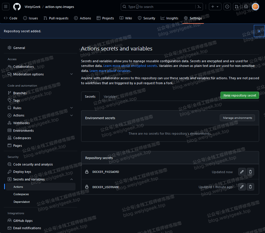 weiyigeek.top-创建action使用的secrets图