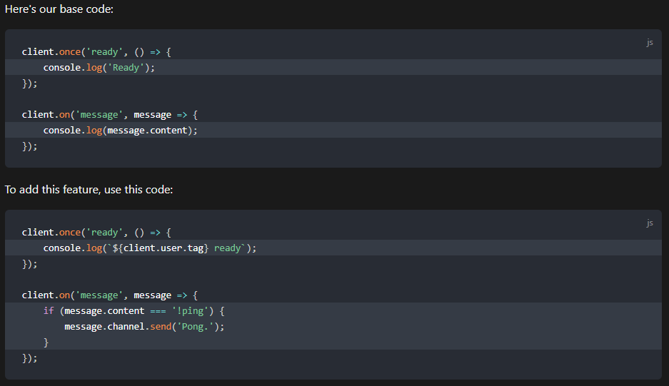 Code block line highlighting output