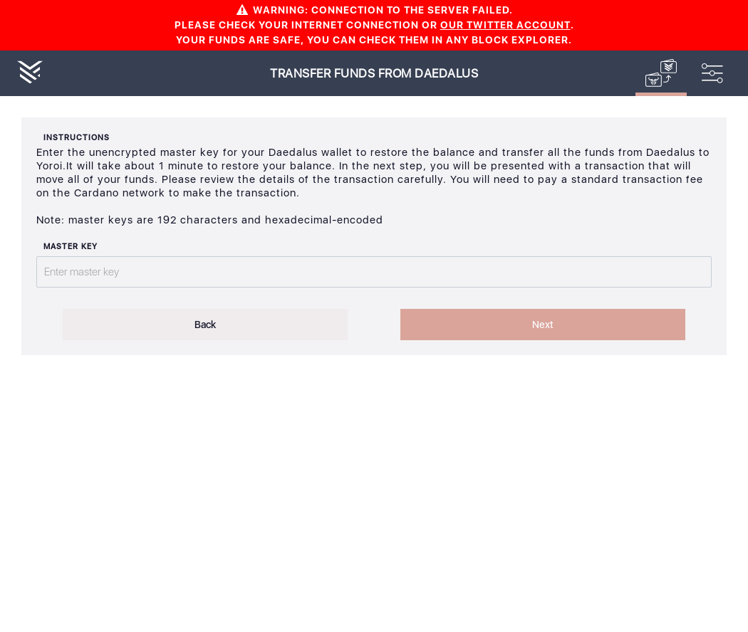 User can transfer Daedalus funds to Yoroi using master key IT19/5_87-I click on the transfer funds from Daedalus master key button.png