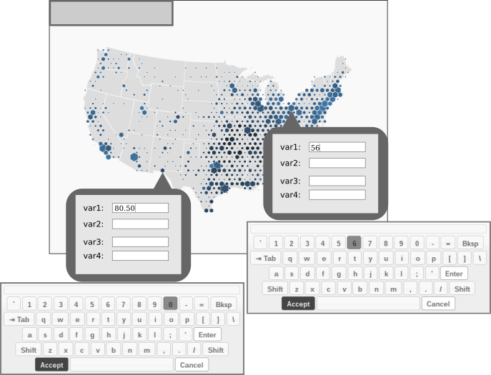 Mockup showing a map and two users editing it with onscreen keyboards