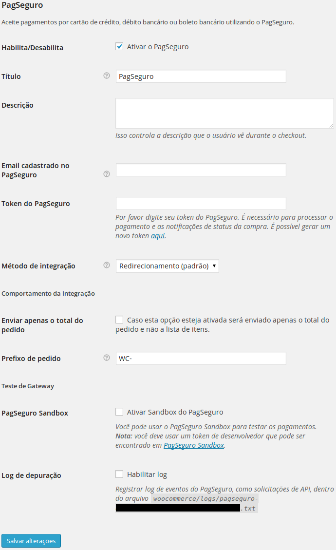 Configurações do plugin.