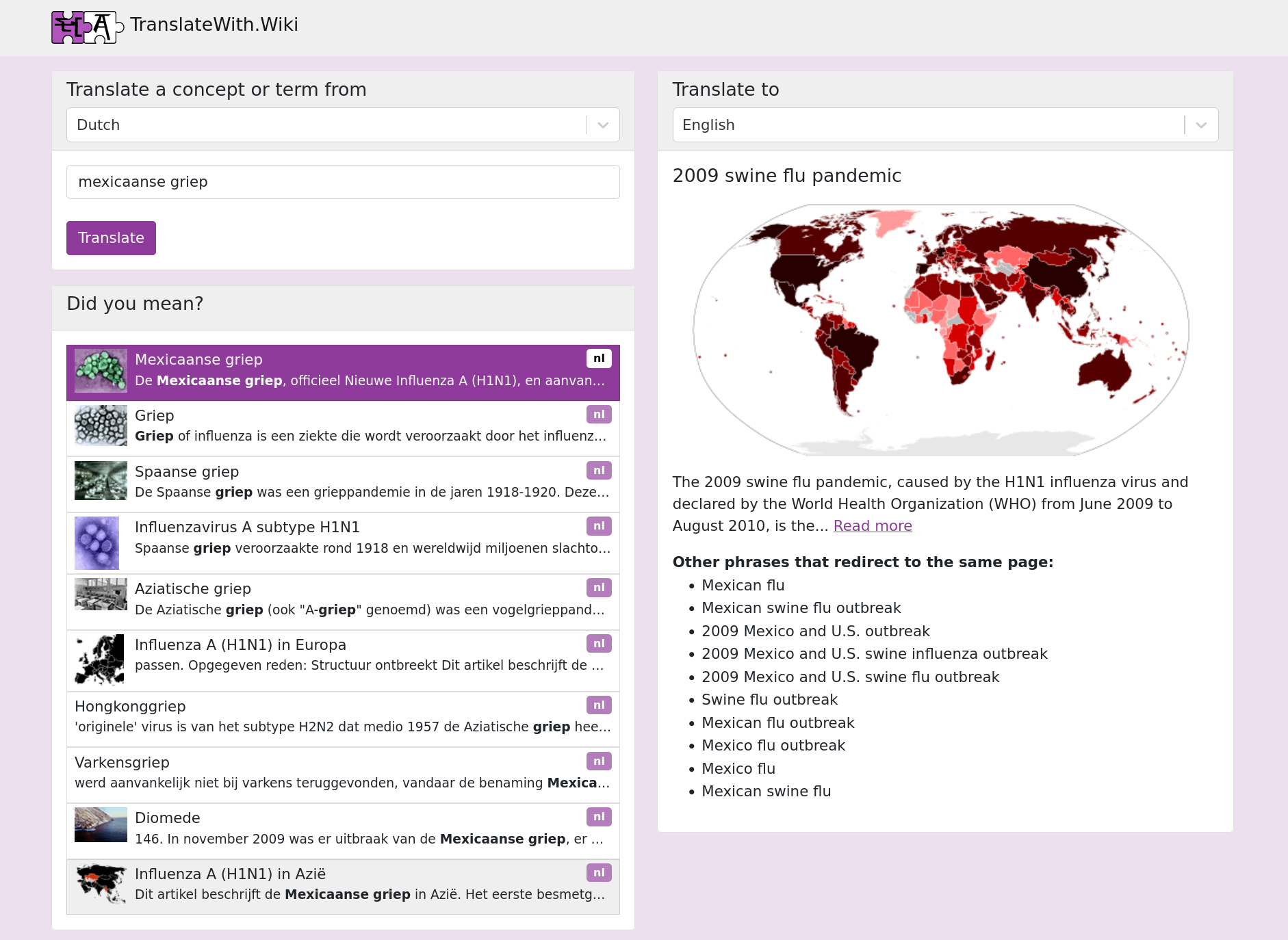 TranslateWith.Wiki gives the correct translation for "Mexicaanse griep"