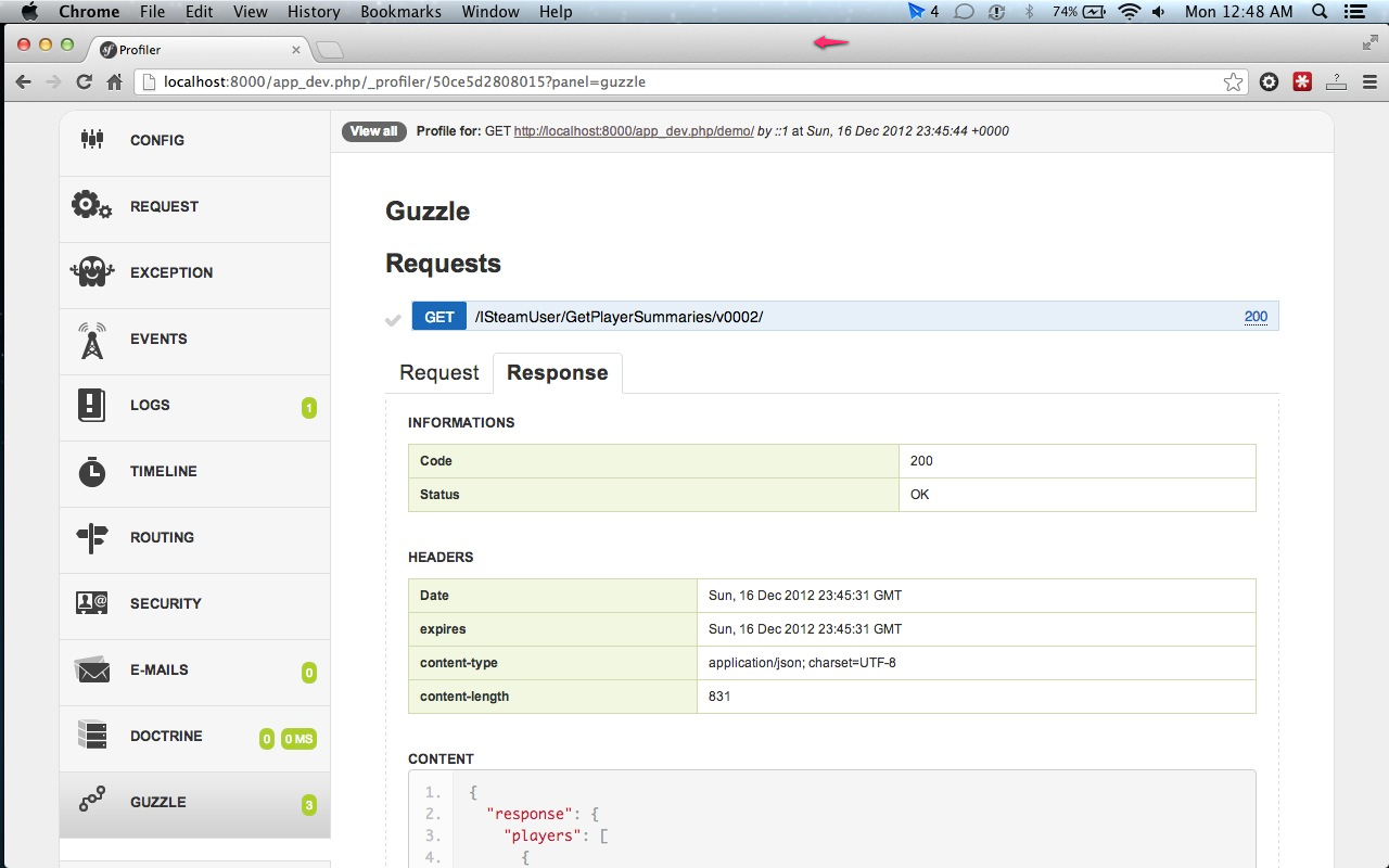 Guzzle Symfony web profiler panel - response details