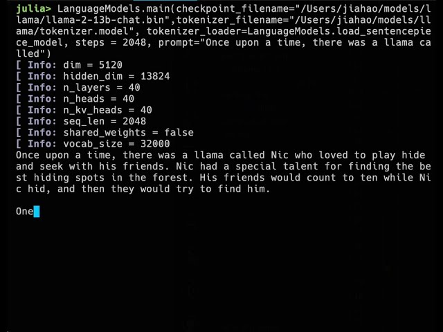 Video of LanguageModels.jl running llama2-13b