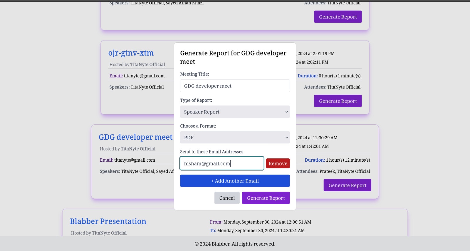 Website UI to generate reports for previous meets