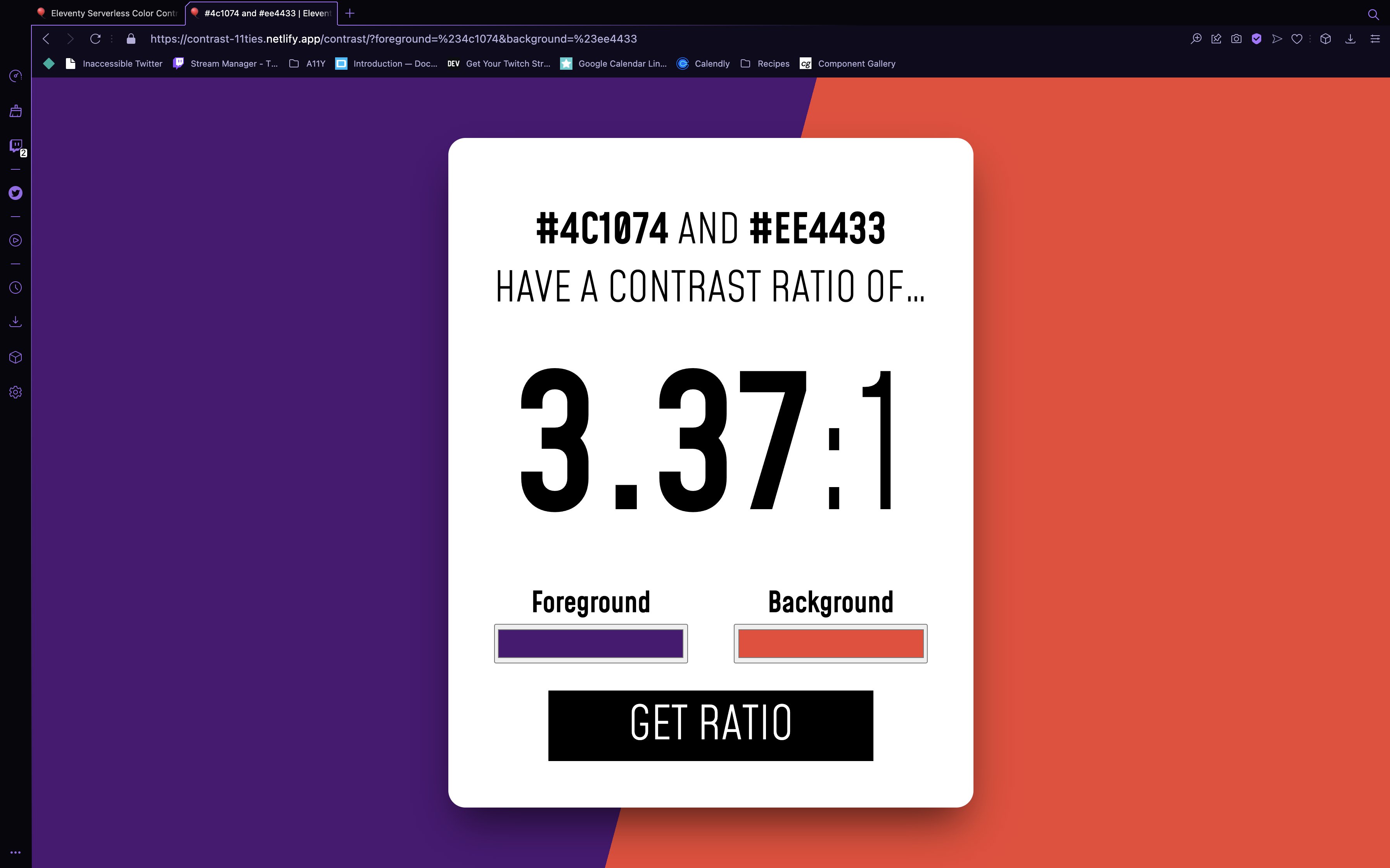 Screenshot of a browser showing a color contrast checker which reads "#4C1074 and #EE4433 have a contrast ratio of 3.37:1." The background is purple and red, reflecting the two hexcodes. A form with two color pickers allows the user to specify a new foreground and background and get the ratio.