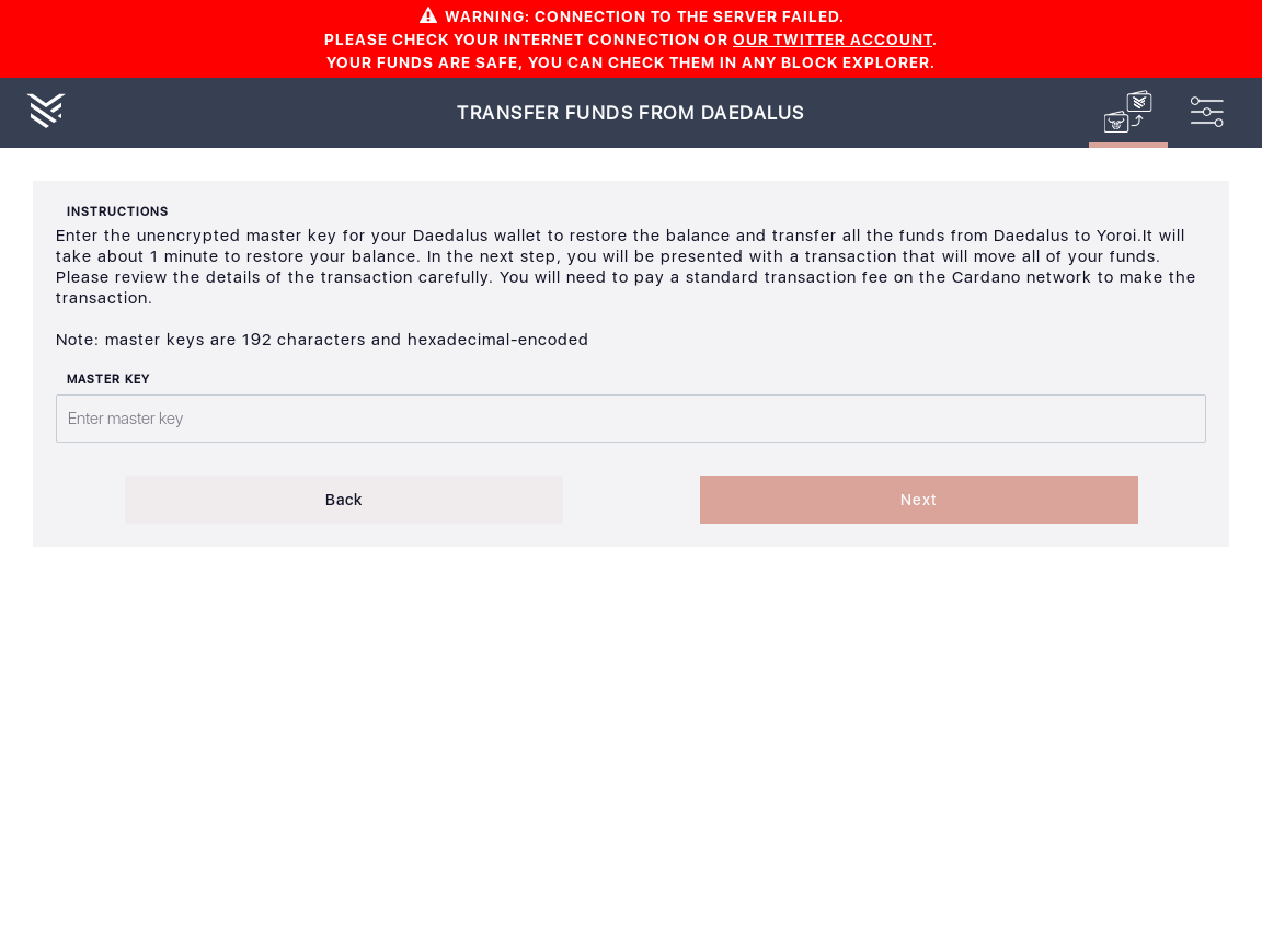 User can transfer Daedalus funds to Yoroi using master key IT19/5_87-I click on the transfer funds from Daedalus master key button.png