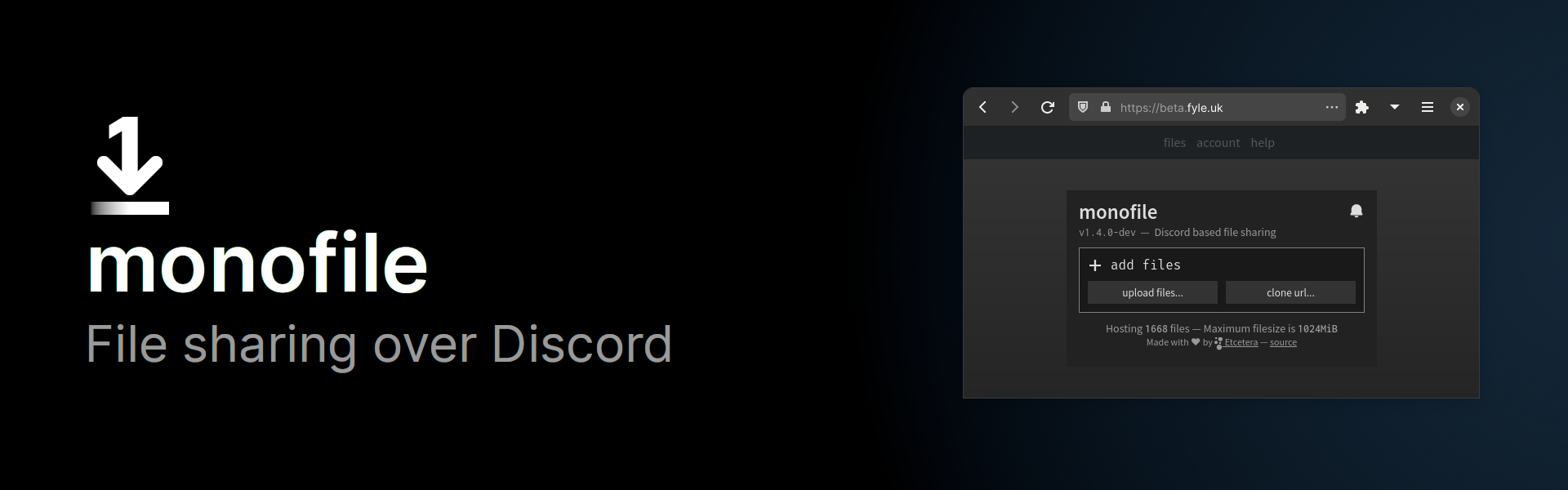 monofile: 'File sharing over Discord', topped with the monofile logo. Blue gradient with an image of monofile 1.4.0-dev on the side.