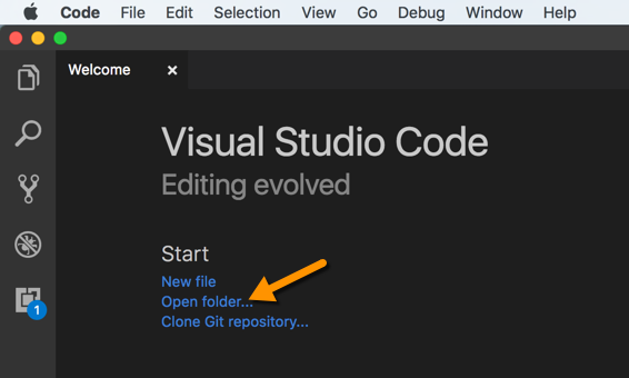 Open folder option in VS Studio Code