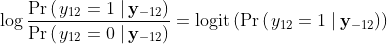 \log{\frac{\mbox{Pr}\left(\left.y_{12} = 1\vphantom{\mathbf{y}_{-12}}\\right|\mathbf{y}_{-12}\vphantom{y_{12} = 1}\right)}{\mbox{Pr}\left(\left.y_{12} = 0\vphantom{\mathbf{y}_{-12}}\\right|\mathbf{y}_{-12}\vphantom{y_{12} = 0}\right)}} = \mbox{logit}\left(\mbox{Pr}\left(\left.y_{12} = 1\vphantom{\mathbf{y}_{-12}}\\right|\mathbf{y}_{-12}\vphantom{y_{12} = 1}\right)\right)