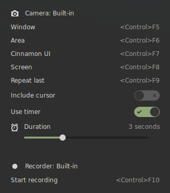 Applet configured for Cinnamon Screenshot and Recorder