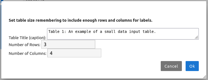 Data table creation dialog