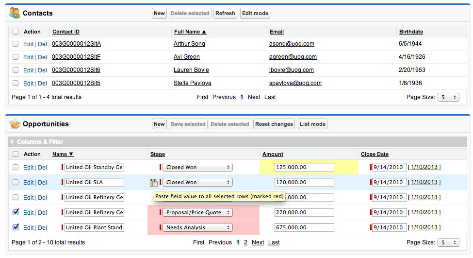 Two instances of Visualforce TableGrid, one read-only and one editable version.