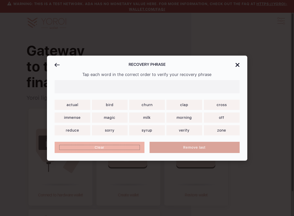 Mnemonic words can be cleared by clicking Clear button on wallet creation screen IT18/10_35-I see All selected words are cleared.png