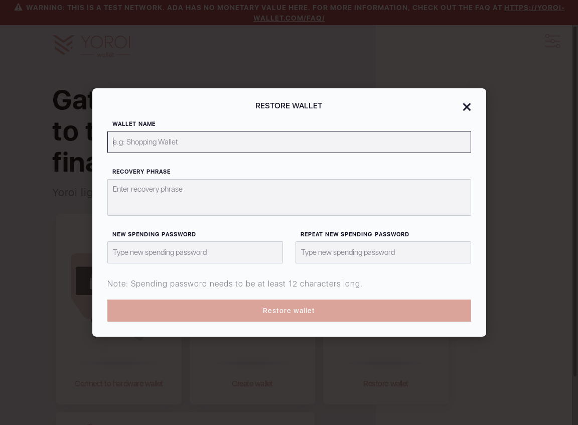 Mnemonic words can be cleared by pressing x sign for each word on wallet restoration screen IT13/3_28-I click the restore button.png