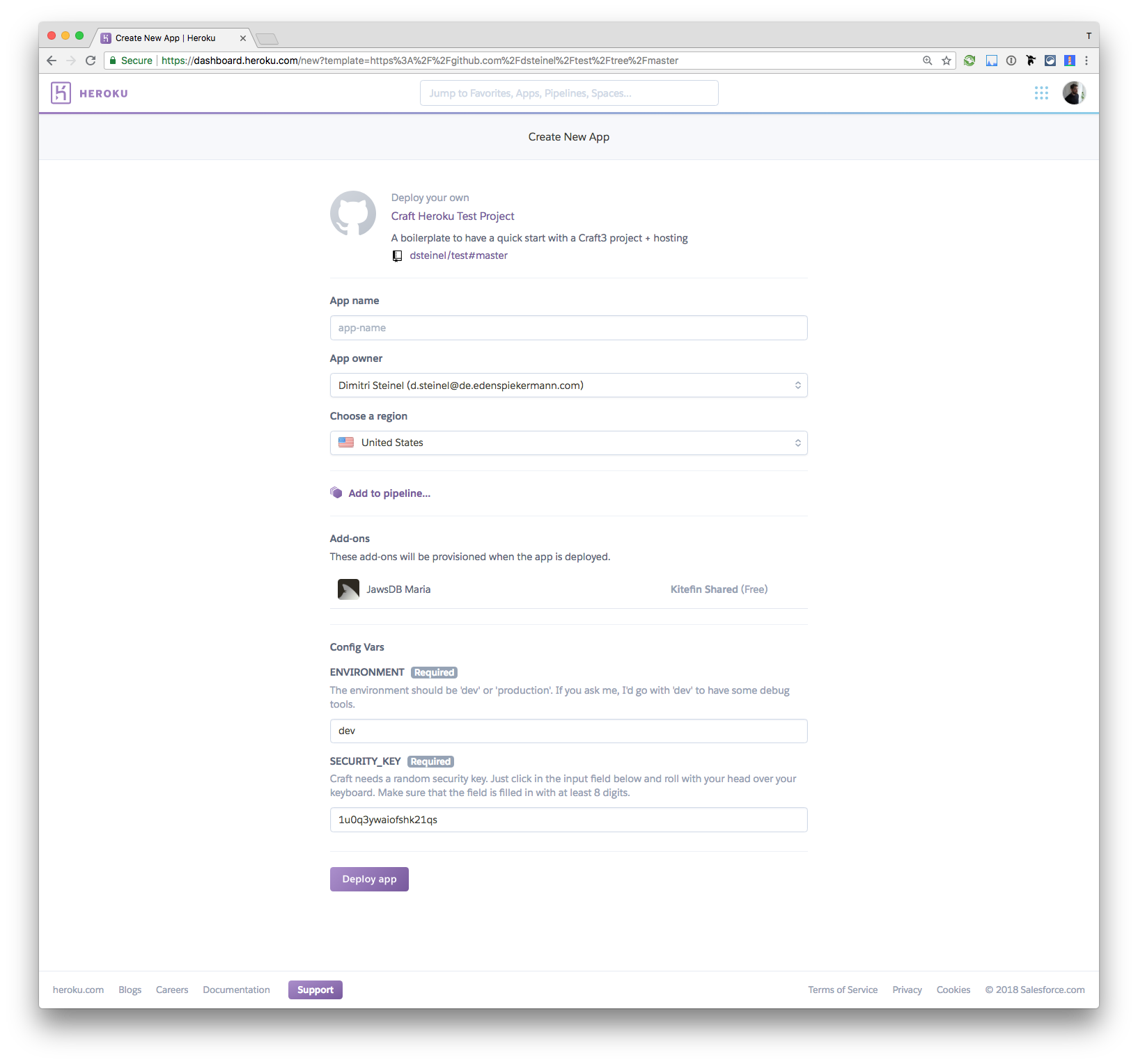 Heroku create new app screen