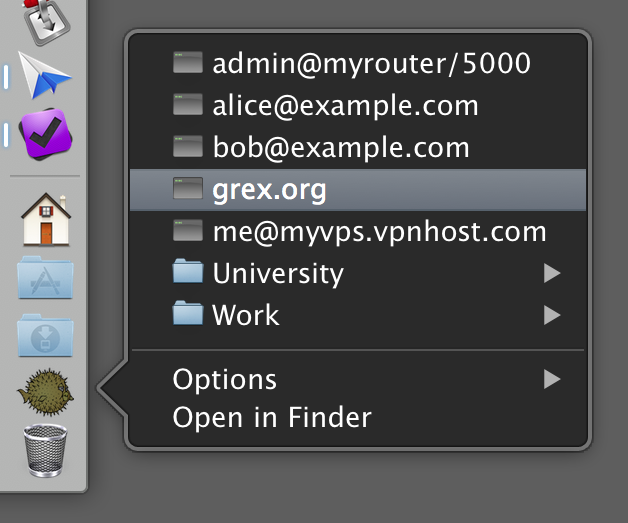 Screenshot of SSH bookmarks in the Dock on Mac OS X