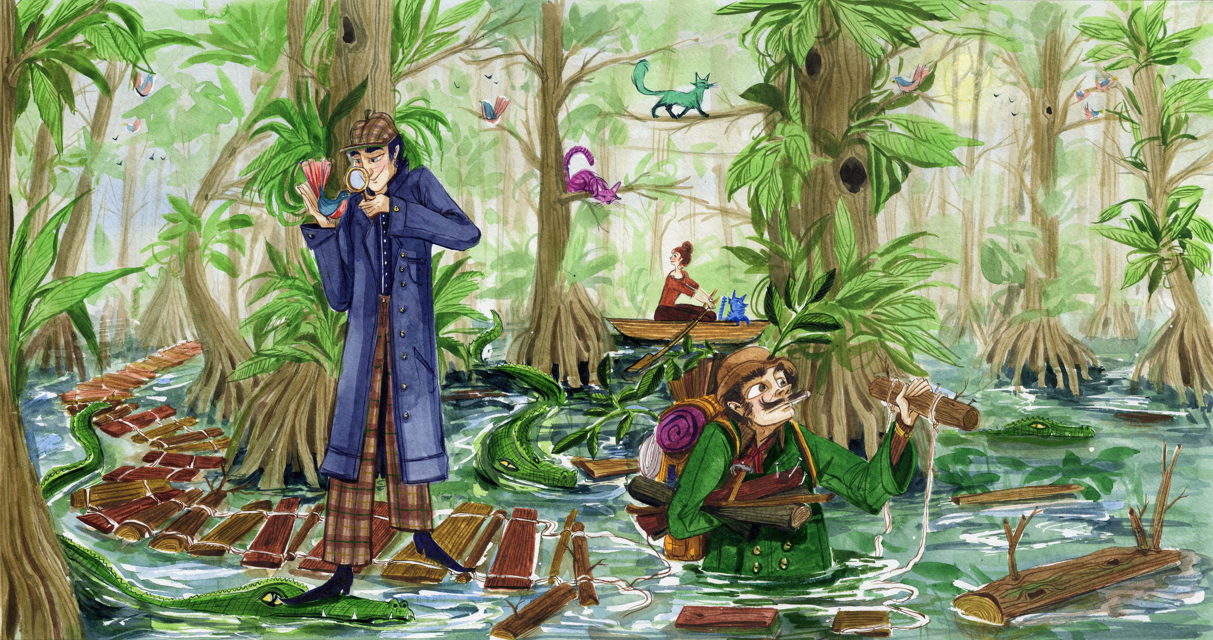 Illustration, Sherlock Holmes, Watson, Enola Holmes and the three cats from Catts are in a swamp full of alligators. Sherlock is standing on a makeshift wooden bridge examining a bird (one foot on an alligator’s nose). Watson is in the swamp gathering more wood for the bridge. Enola and the blue cat are in a row boat in the background. The purple and green cats are on branches.