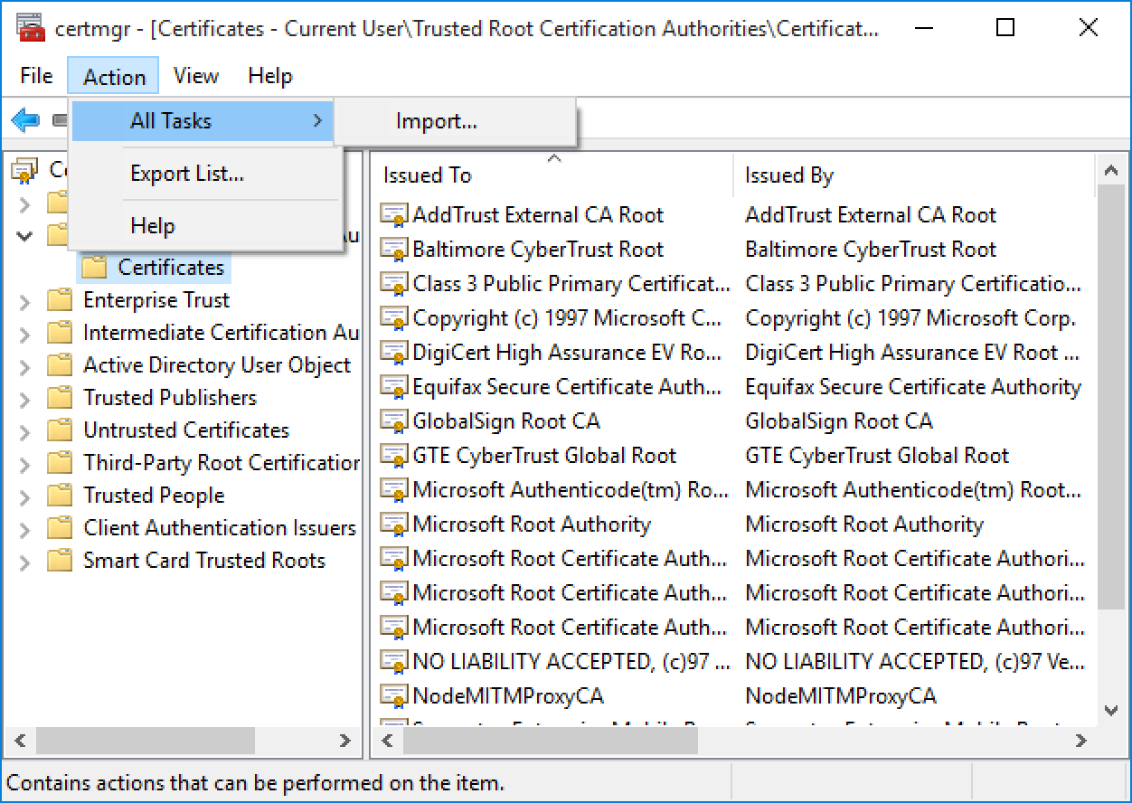 Installing certificate on Windows 10