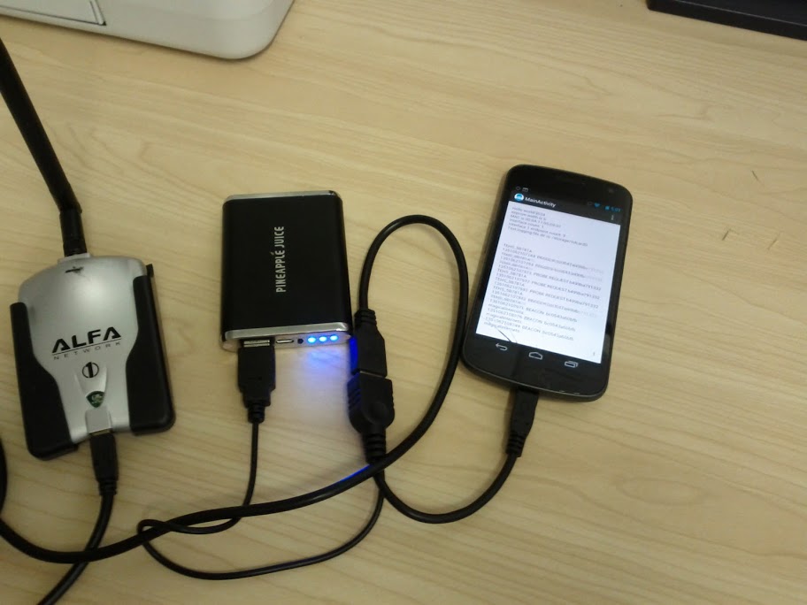 Galaxy Nexus hooked up to ALFA AWUS036H and USB battery pack through a USB OTG Y-cable