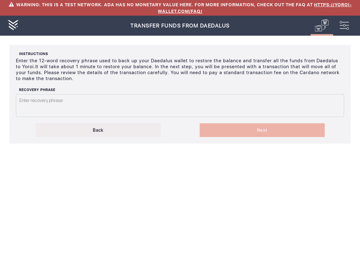firefox/User can transfer Daedalus funds to Yoroi using 12word mnemonic phrase IT45/5_41-I click on the transfer funds from Daedalus button.png
