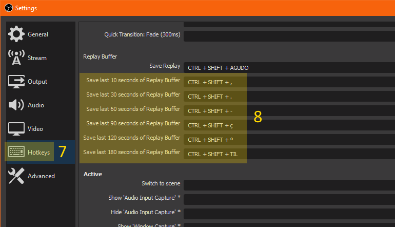 OBS settings Hotkeys settings for custom Replay Buffer lengths