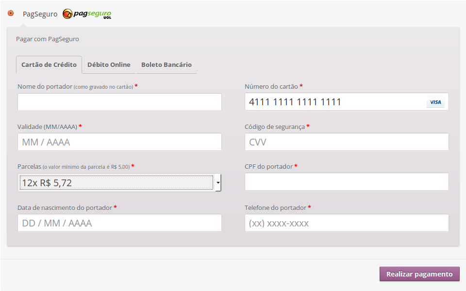 Pagamento com cartão de crédito usando o Checkout Transparente.