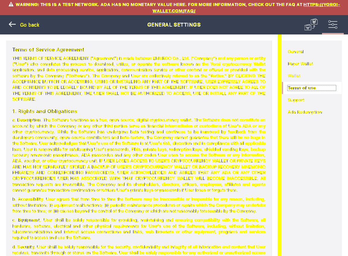 Yoroi Settings Screen Terms of Use in Default EnglishIT3/4_157-I should see the Terms of use screen.png