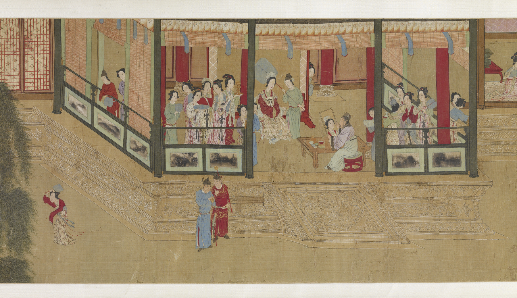 Projeção cavaleira: Qiu Ying, Manhã de primavera no palácio Han, original da primeira metade do século [XVI]{.smallcaps}, cópia da segunda metade do século [XVII]{.smallcaps}. Walters Art Museum