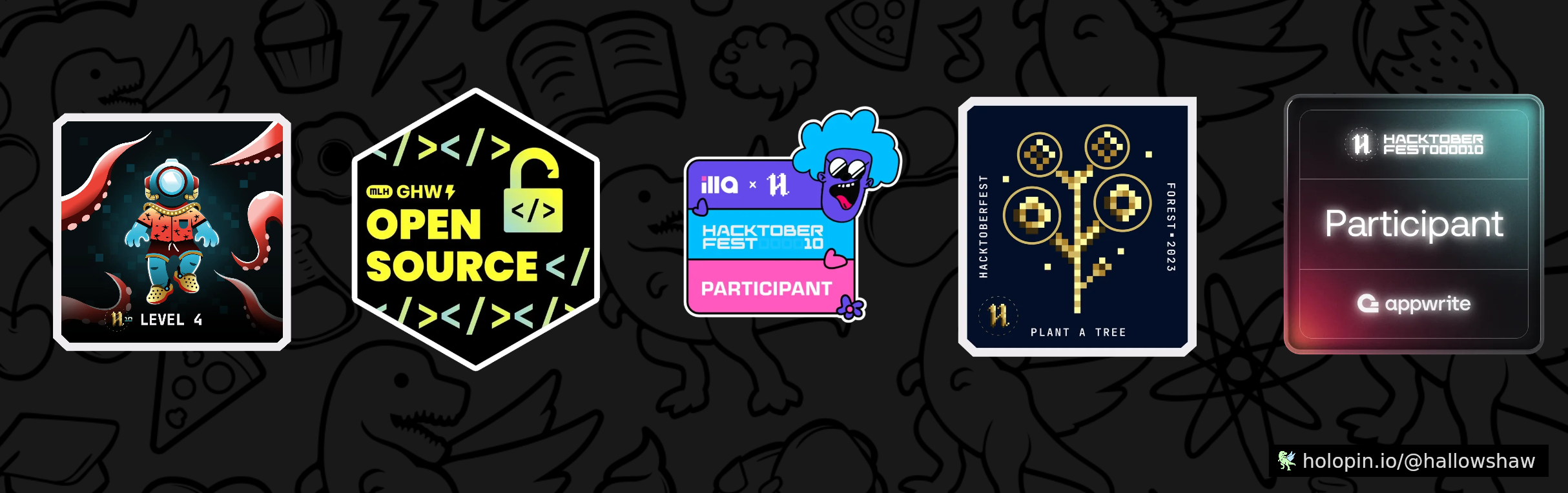 An image of @hallowshaw's Holopin badges, which is a link to view their full Holopin profile