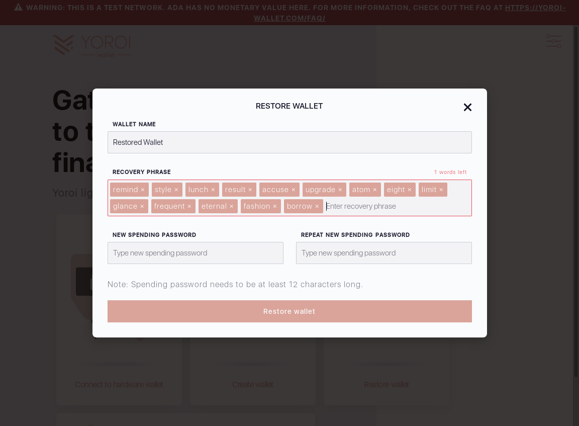 Wallet restoration Recovery Phrase with less than 15 words IT73/6_178-I should see an X words left error message.png