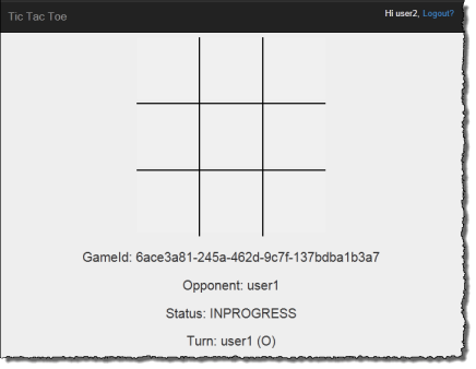 [Screenshot of an empty tic-tac-toe grid with game status in progress.]