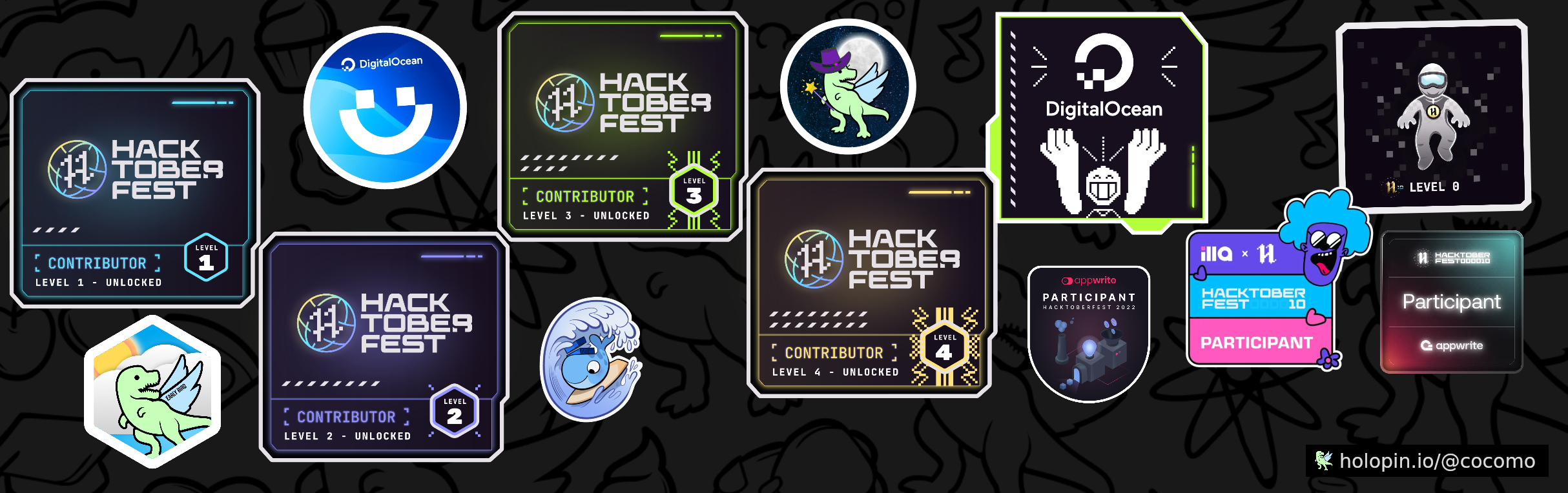 An image of @cocomo's Holopin badges, which is a link to view their full Holopin profile