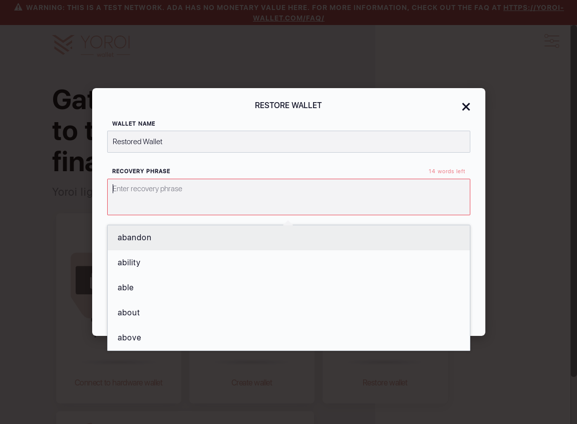 firefox/Mnemonic words can be cleared by pressing x sign for each word on wallet restoration screen IT13/6_28-I delete recovery phrase by clicking x signs.png