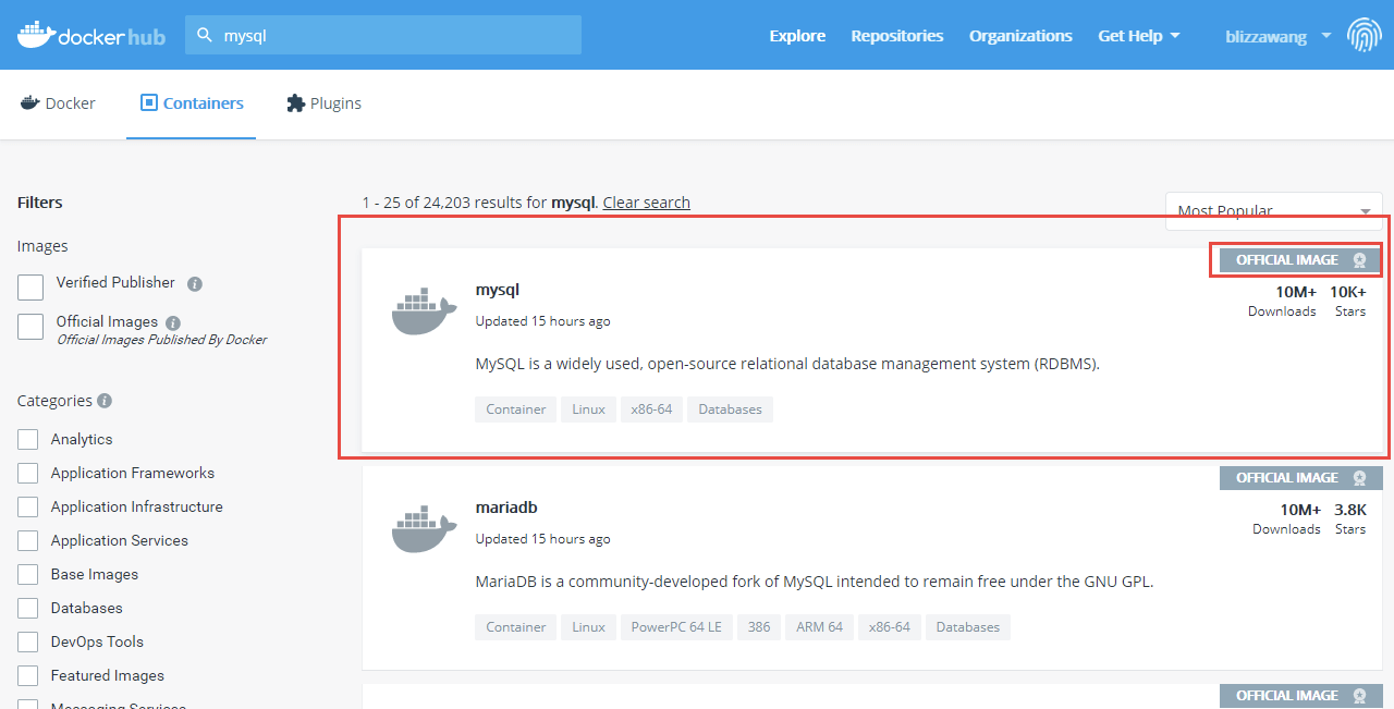 DockerHub 搜索 MySQL