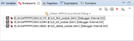 Example of the DS-5 debugger showing the breakpoints