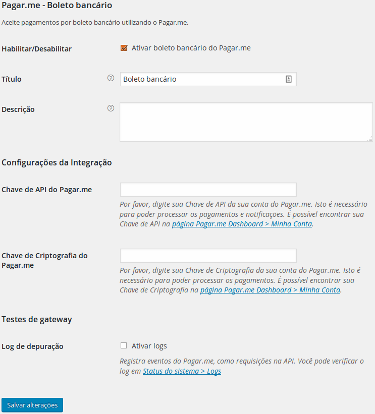 Configurações para boleto bancário.