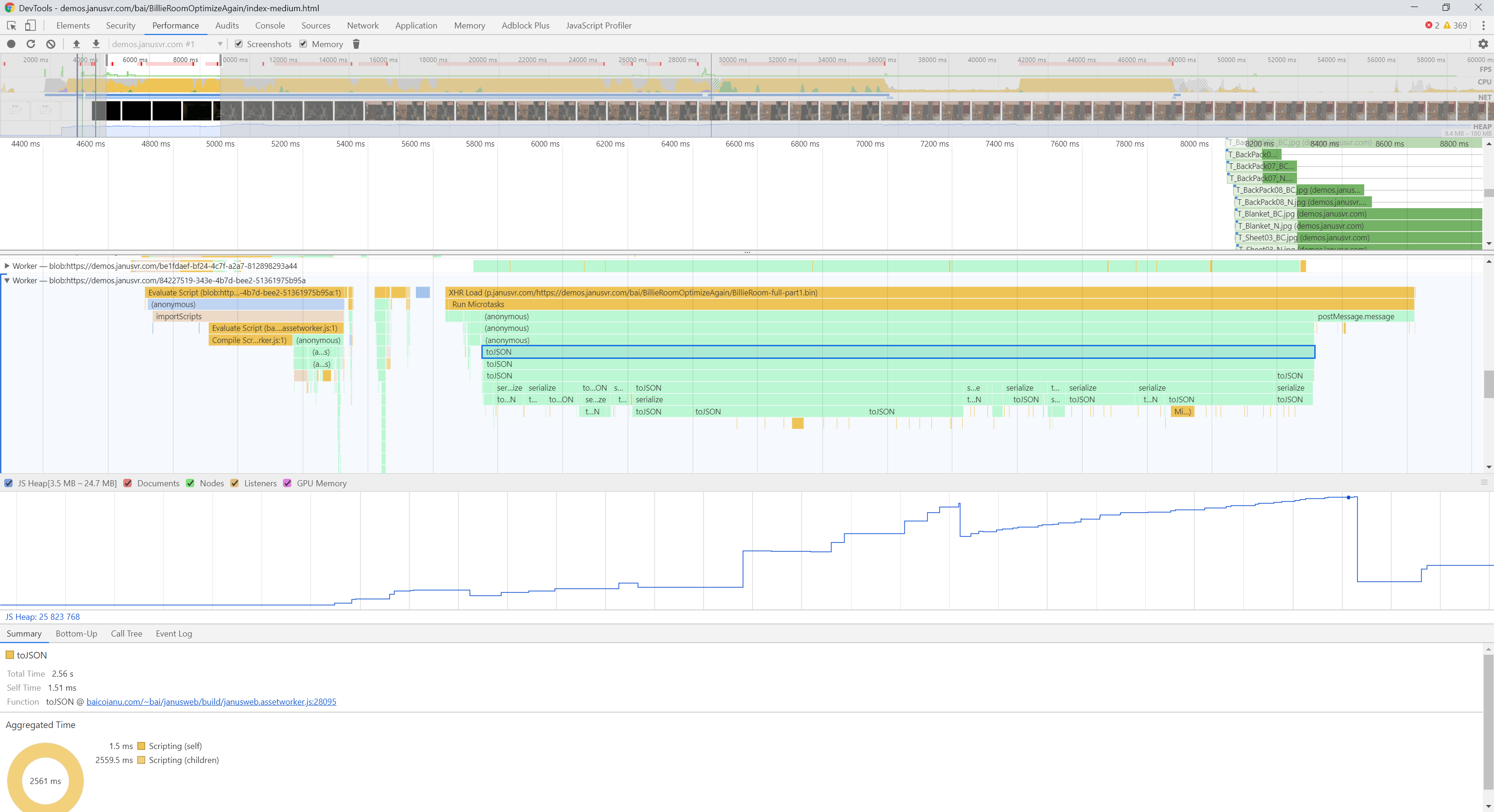 Debugger showing memory and CPU usage of a 3d model loading in a worker