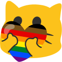 A blobby cat holding a heart colour in the pride flag