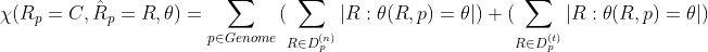 [\chi(R_p=C,\hat{R}p=R,\theta)=\sum{p\in Genome}{(\sum_{R\in D_{p}^{(n)}}|{R:\theta(R,p)=\theta}|)+(\sum_{R\in D_{p}^{(t)}}|{R:\theta(R,p)=\theta}|)}]