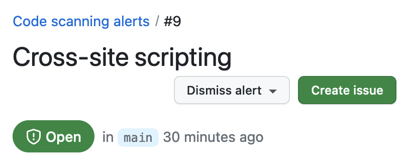 GitHub UI showing the view of a code scanning alert with the "Create issue" button