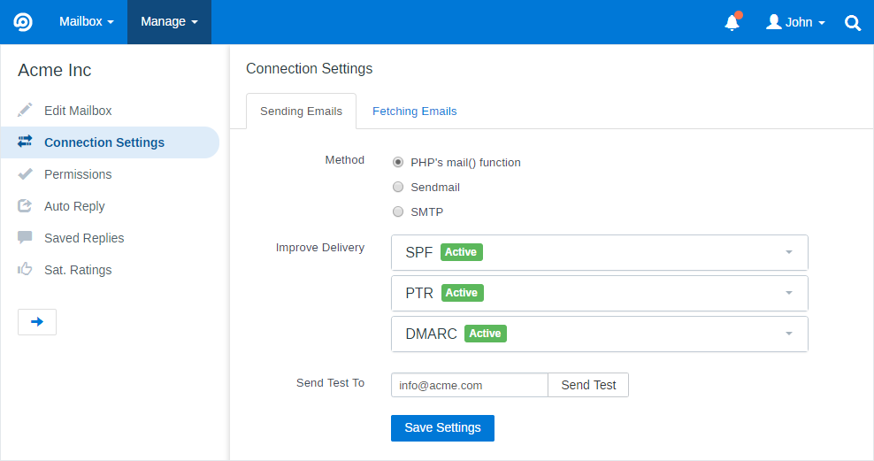 Mailbox connection settings page