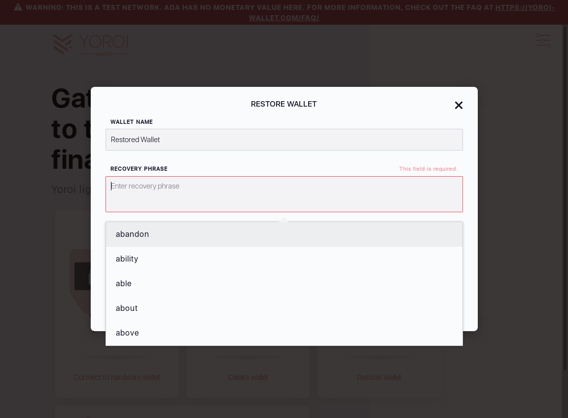 Mnemonic words can be cleared by pressing x sign for each word on wallet restoration screen IT13/6_28-I delete recovery phrase by clicking x signs.png