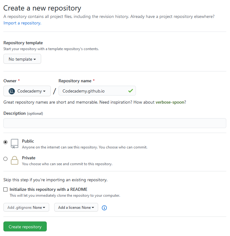 Screenshot of the create a new repository page